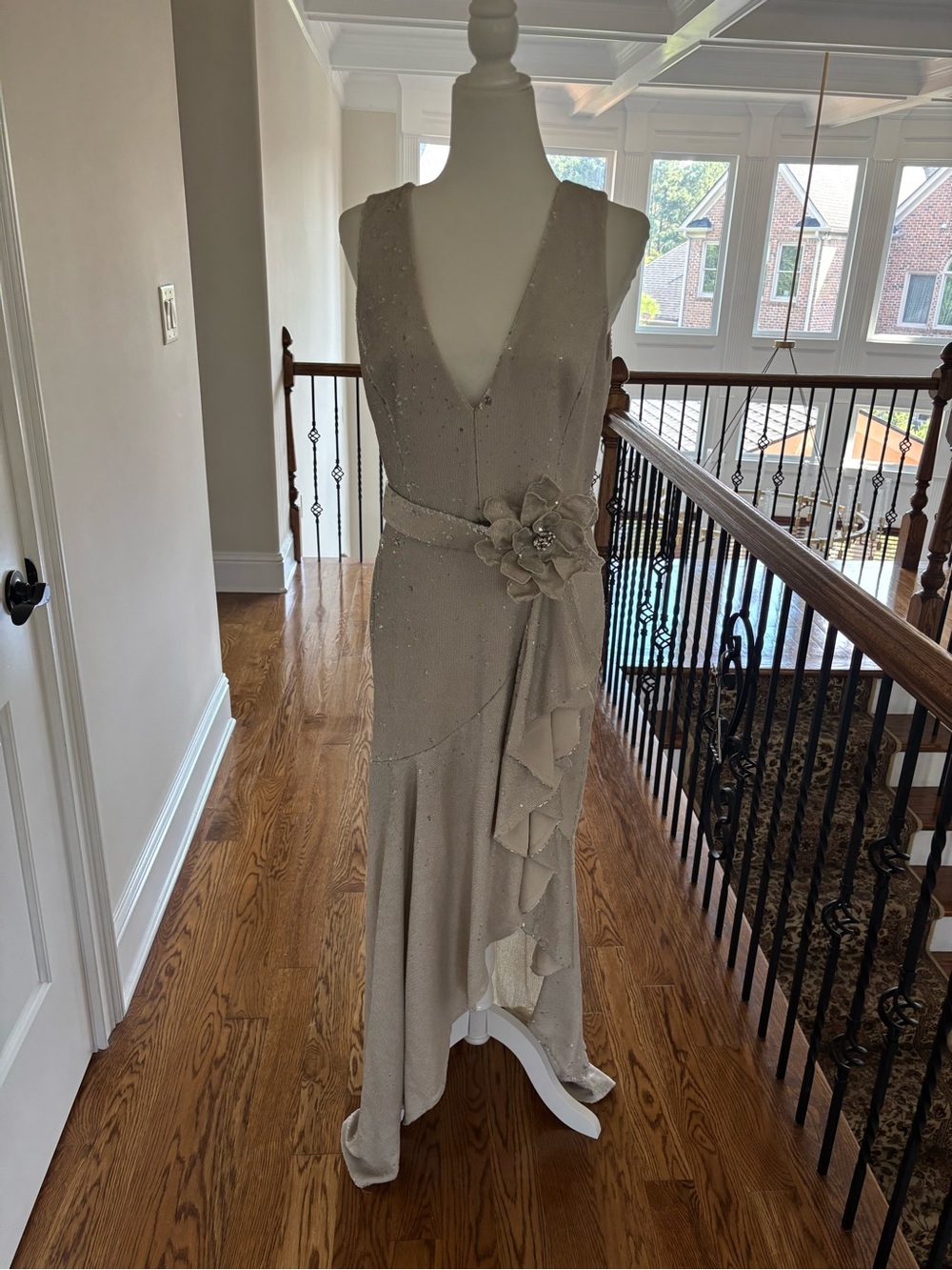 Badgley Mischka Beaded V-Neck Evening Gown in Light Beige